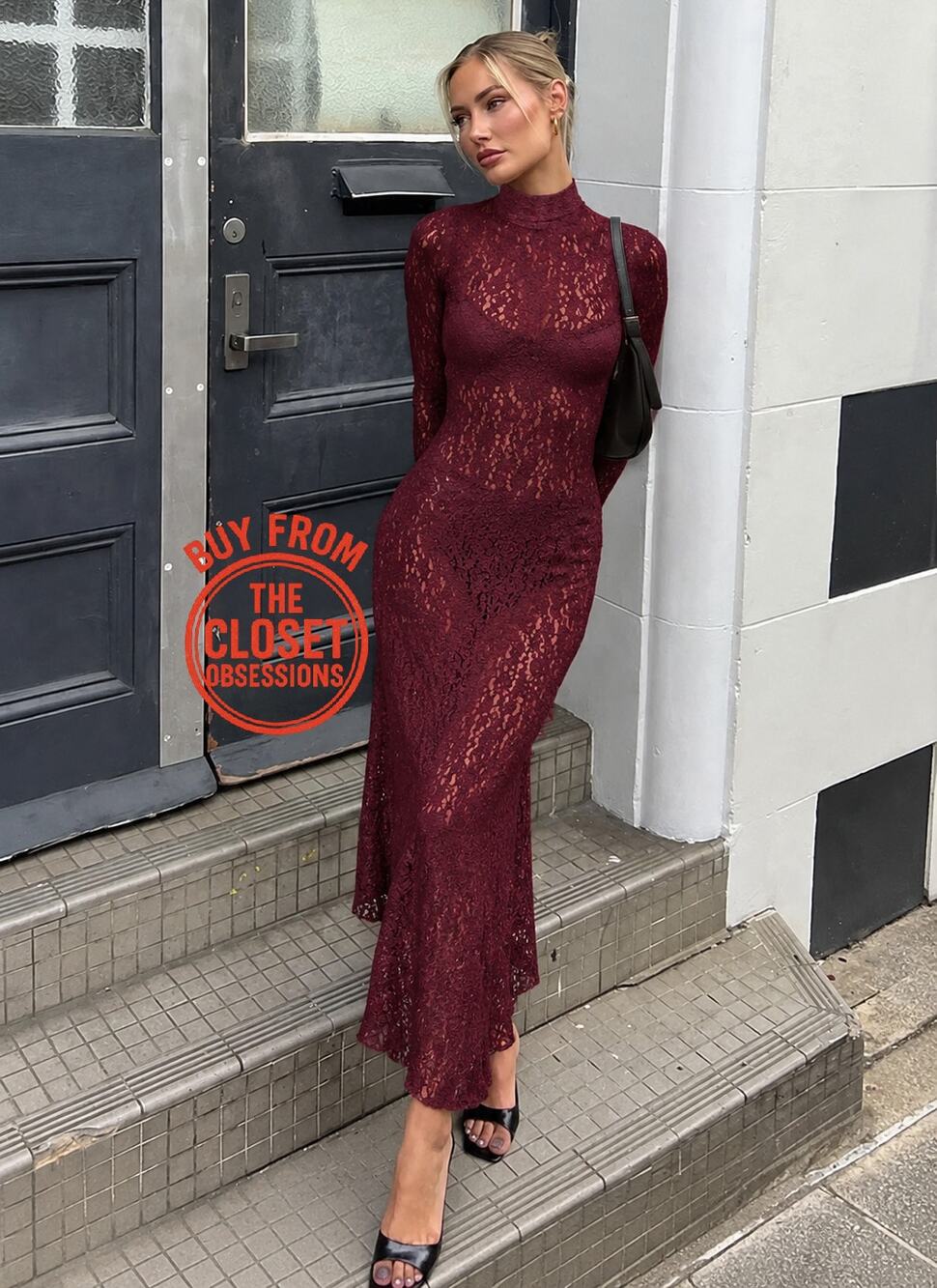 Zara NWT Burgundy Lace High Neck Midi Dress S